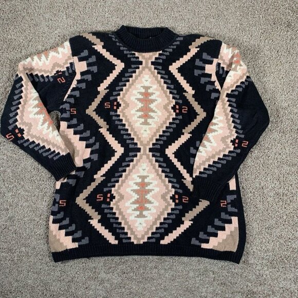 Vintage Crismina Sweater Women's Size 1X Aztec Pattern Black Shoulder Pads - Picture 1 of 8